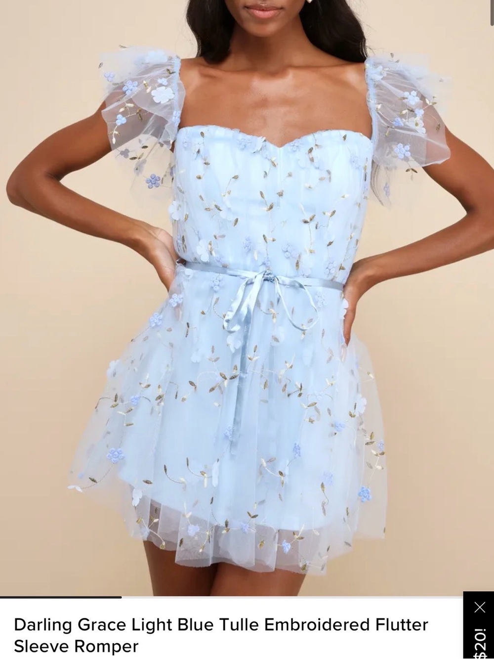 Lulu's Light Blue Tulle Embroidered Flutter Sleeve  3D Dress